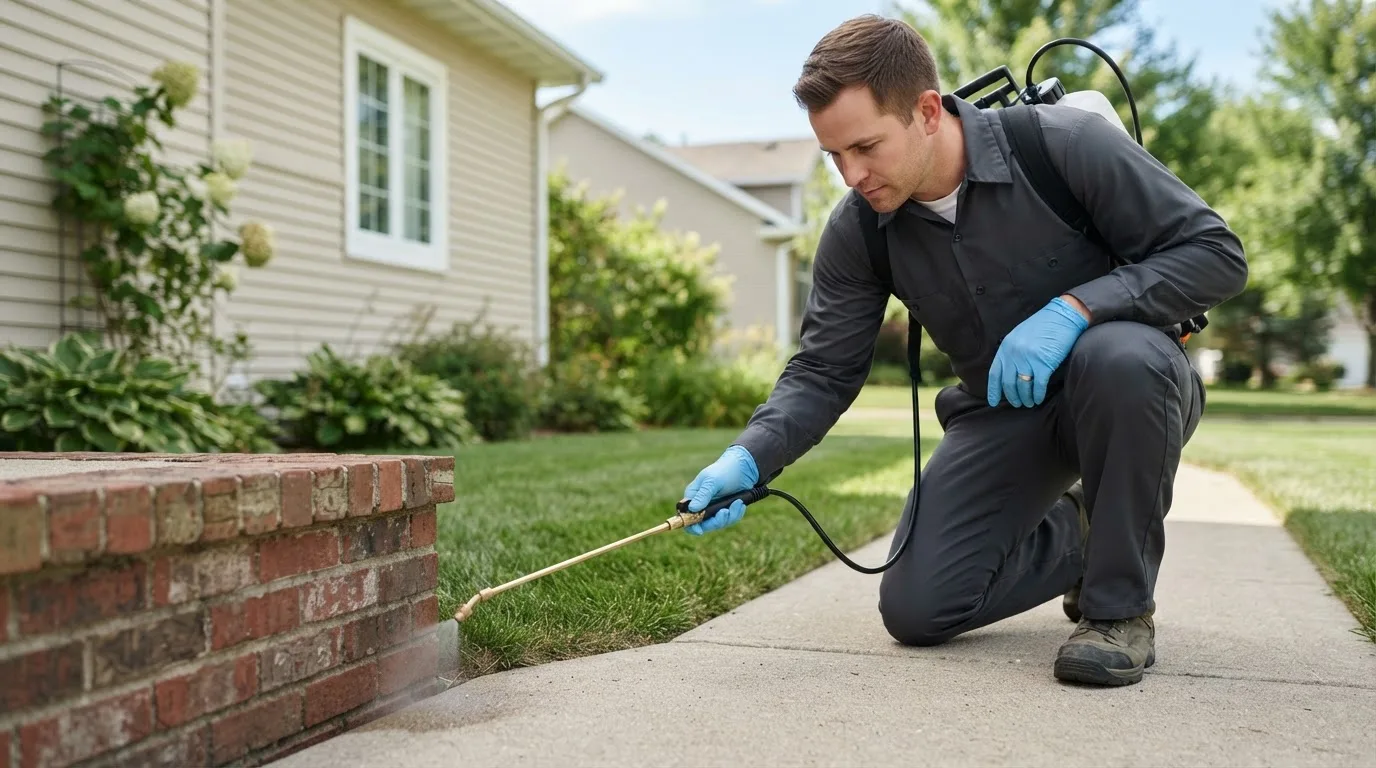 Pest control technician treating a home near Milan, IL